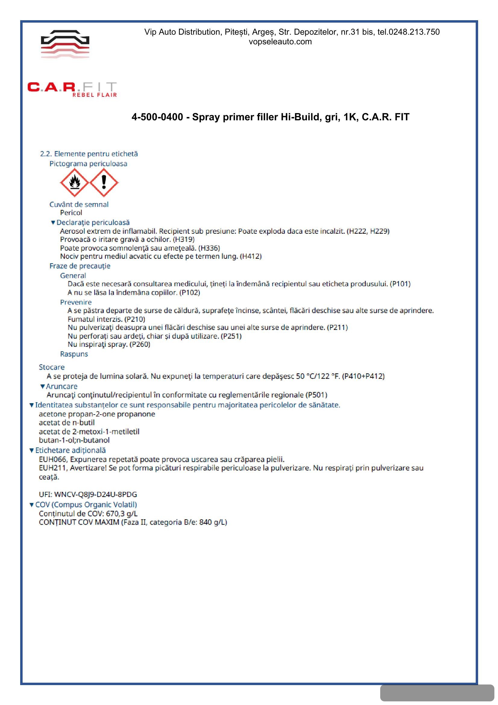 Spray primer filler Hi-Build, negru, 1K, 400ml,  C.A.R. FIT